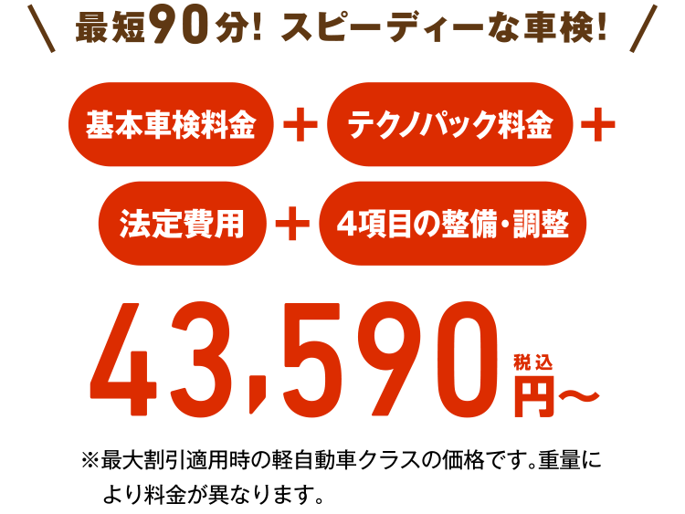 最短90分！スピーディーな車検！43,590円（税込）～